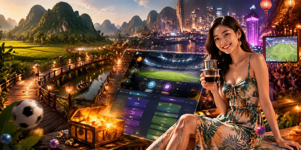 Không gian cà phê Ninh Bình minh họa người dùng đọc thông tin thể thao trên mobile